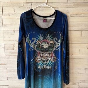Ed Hardy Blue Long Sleeve shirt long dress vintage y2k HTF velour soft‎ size M